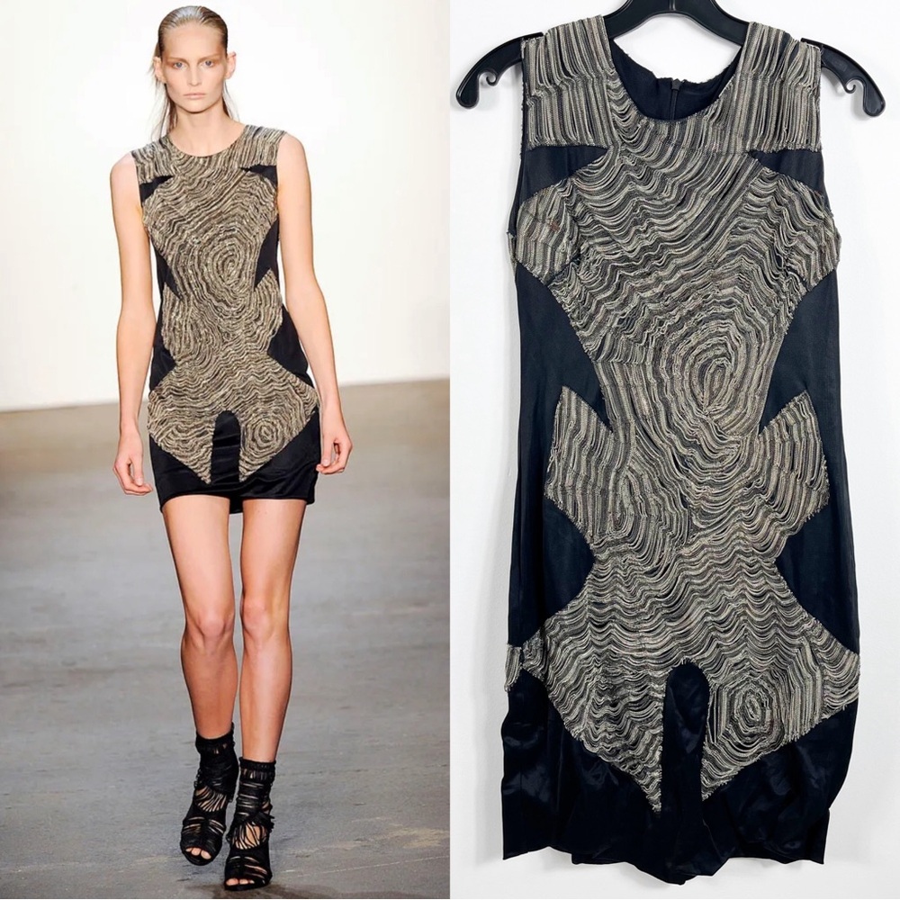 Thakoon Runway Sleeveless Metal Chain Shift Mini Dress Size 4 Black Metallic
